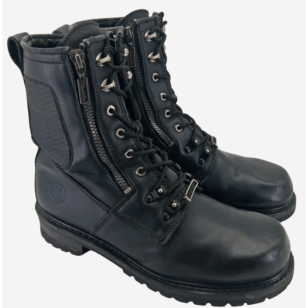 Milwaukee Boots Mens 12 EE Black Leather Biker Lace Up Zip Mid Calf Motorcycle